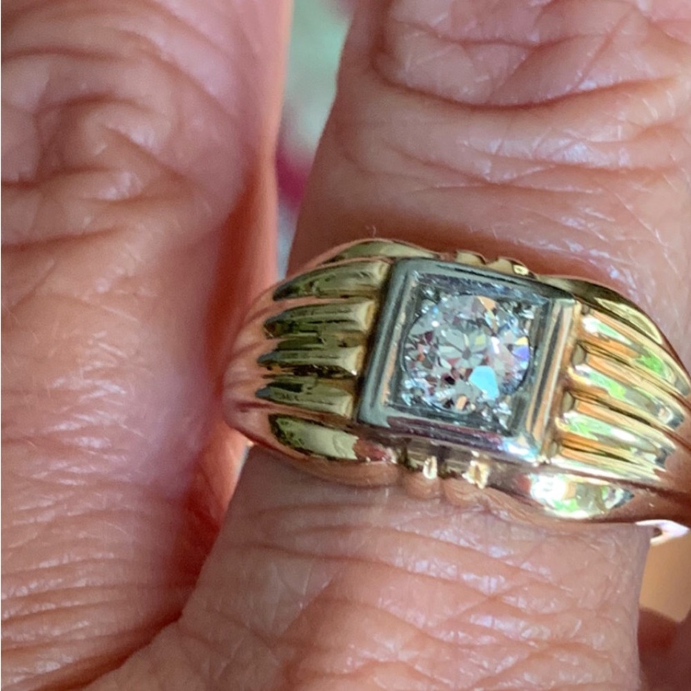 Vintage 14K Gold Diamond Men's Ring Old Mine Cut Diamond